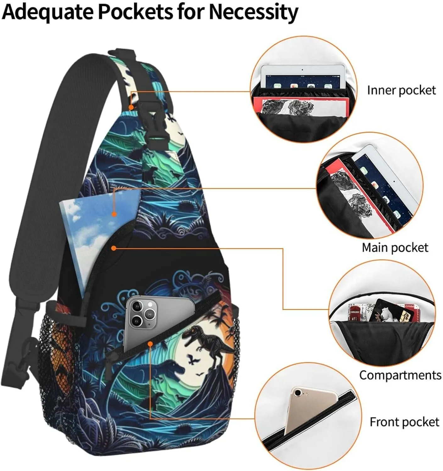 Multicolored Dinosaurs Chest Sling Bag Crossbody Shoulder Backpack Bag Gym Cycling Travel Hiking Daypack Cross Bag