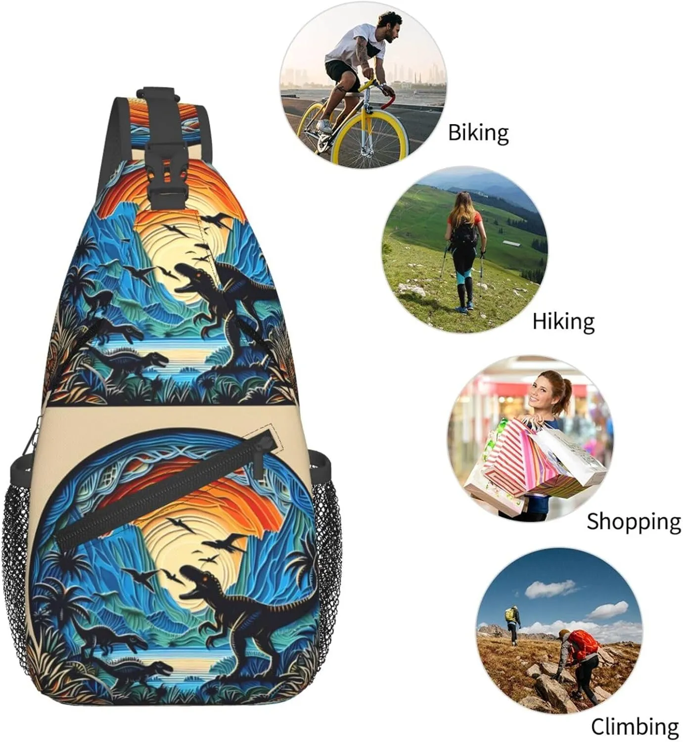 Multicolored Dinosaurs Chest Sling Bag Crossbody Shoulder Backpack Bag Gym Cycling Travel Hiking Daypack Cross Bag