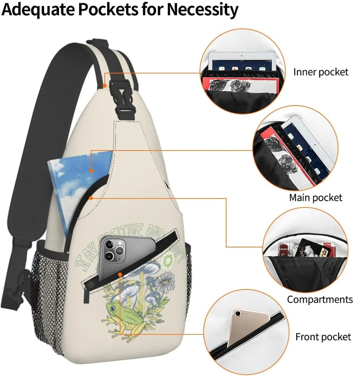 Mushrooms Frog Positive Slogan Stay Positive And Happy Chest Sling Bag Crossbody Shoulder Backpack Bag Gym Cycling Daypack Travel Hiking Cross Bag