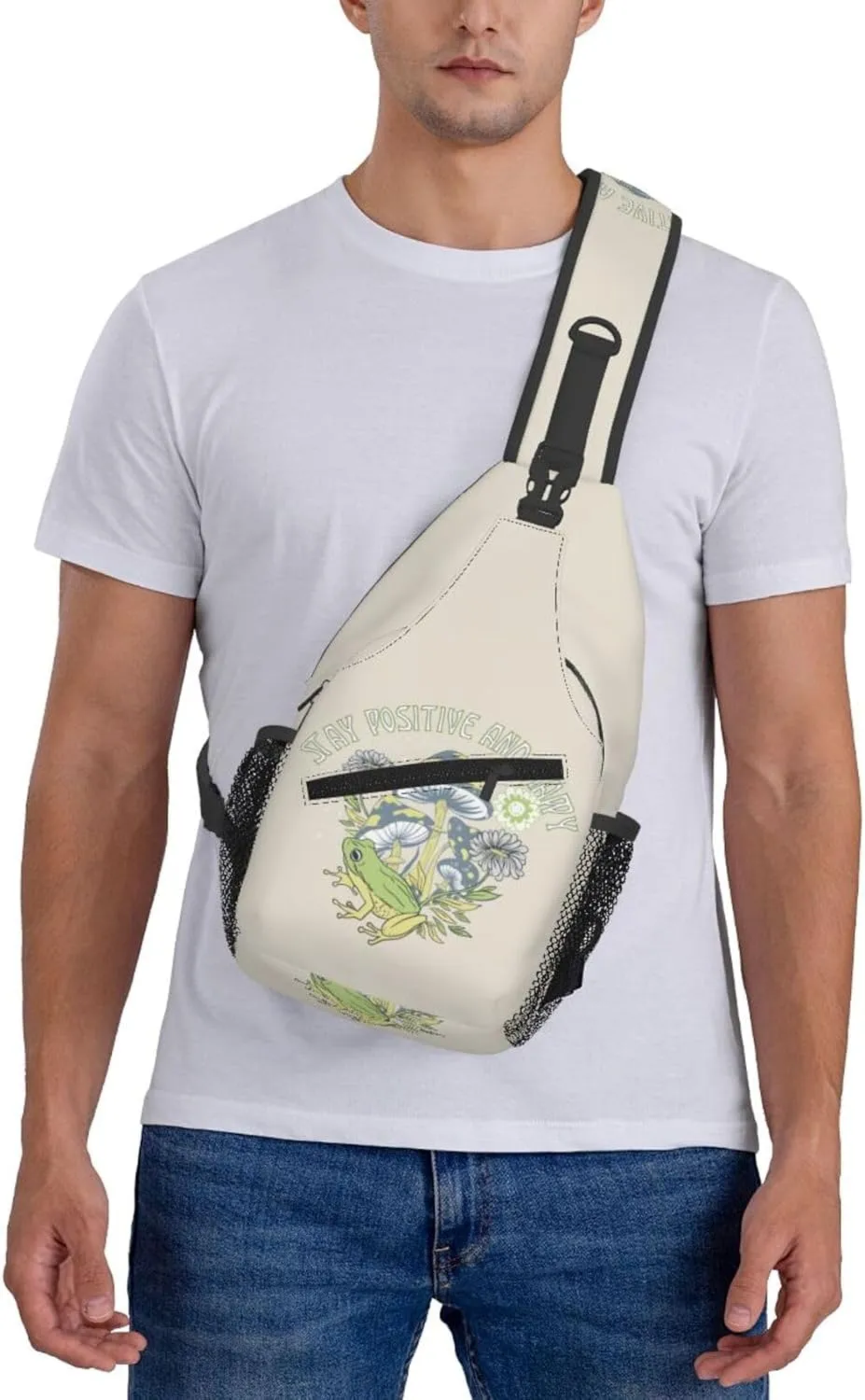 Mushrooms Frog Positive Slogan Stay Positive And Happy Chest Sling Bag Crossbody Shoulder Backpack Bag Gym Cycling Daypack Travel Hiking Cross Bag