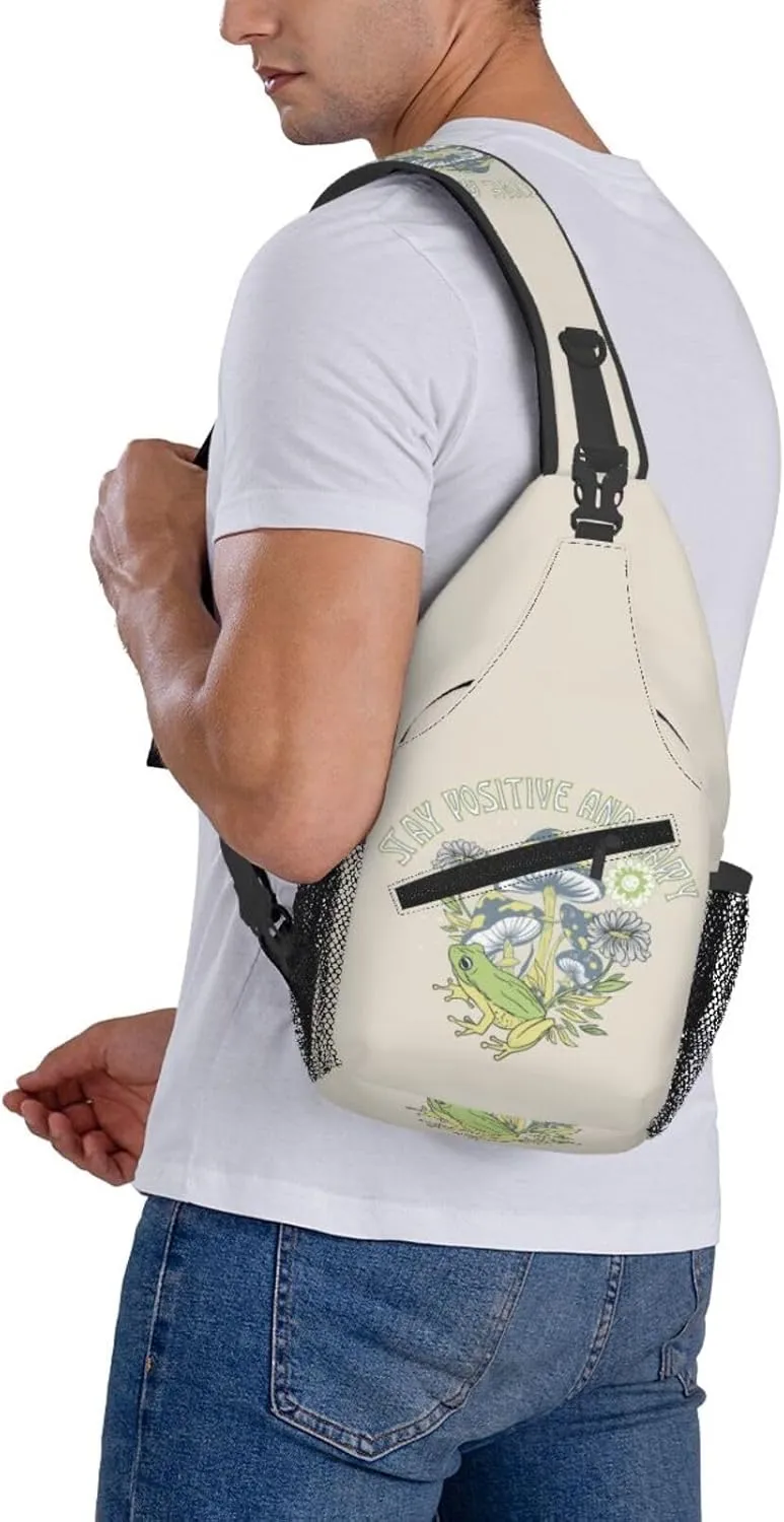 Mushrooms Frog Positive Slogan Stay Positive And Happy Chest Sling Bag Crossbody Shoulder Backpack Bag Gym Cycling Daypack Travel Hiking Cross Bag