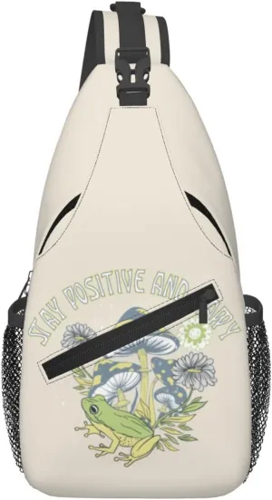 Mushrooms Frog Positive Slogan Stay Positive And Happy Chest Sling Bag Crossbody Shoulder Backpack Bag Gym Cycling Daypack Travel Hiking Cross Bag