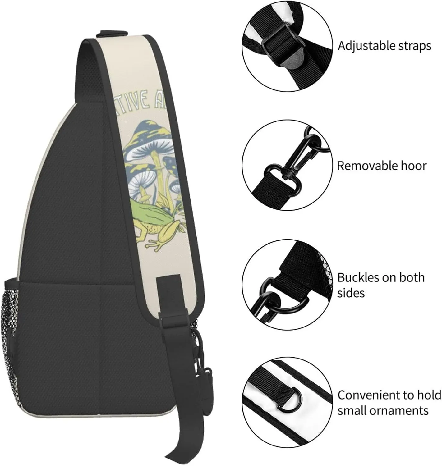 Mushrooms Frog Positive Slogan Stay Positive And Happy Chest Sling Bag Crossbody Shoulder Backpack Bag Gym Cycling Daypack Travel Hiking Cross Bag