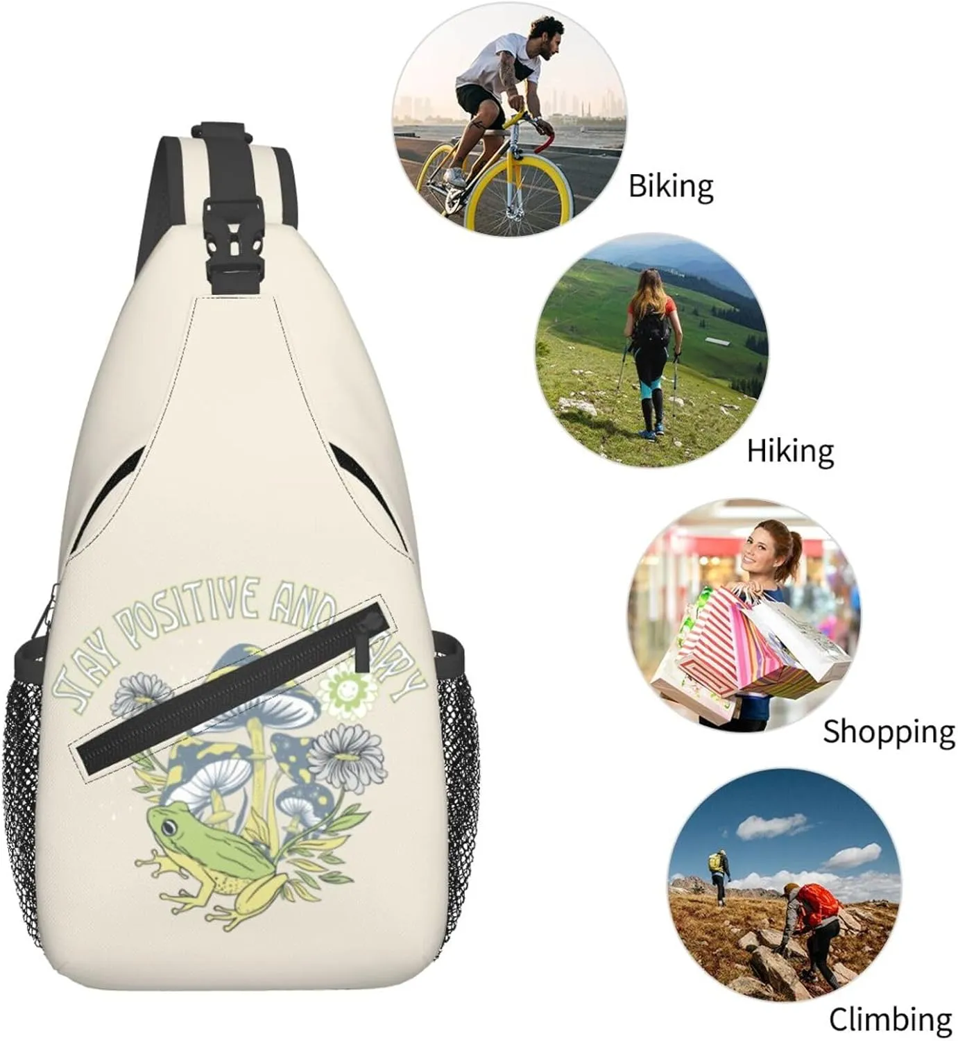 Mushrooms Frog Positive Slogan Stay Positive And Happy Chest Sling Bag Crossbody Shoulder Backpack Bag Gym Cycling Daypack Travel Hiking Cross Bag