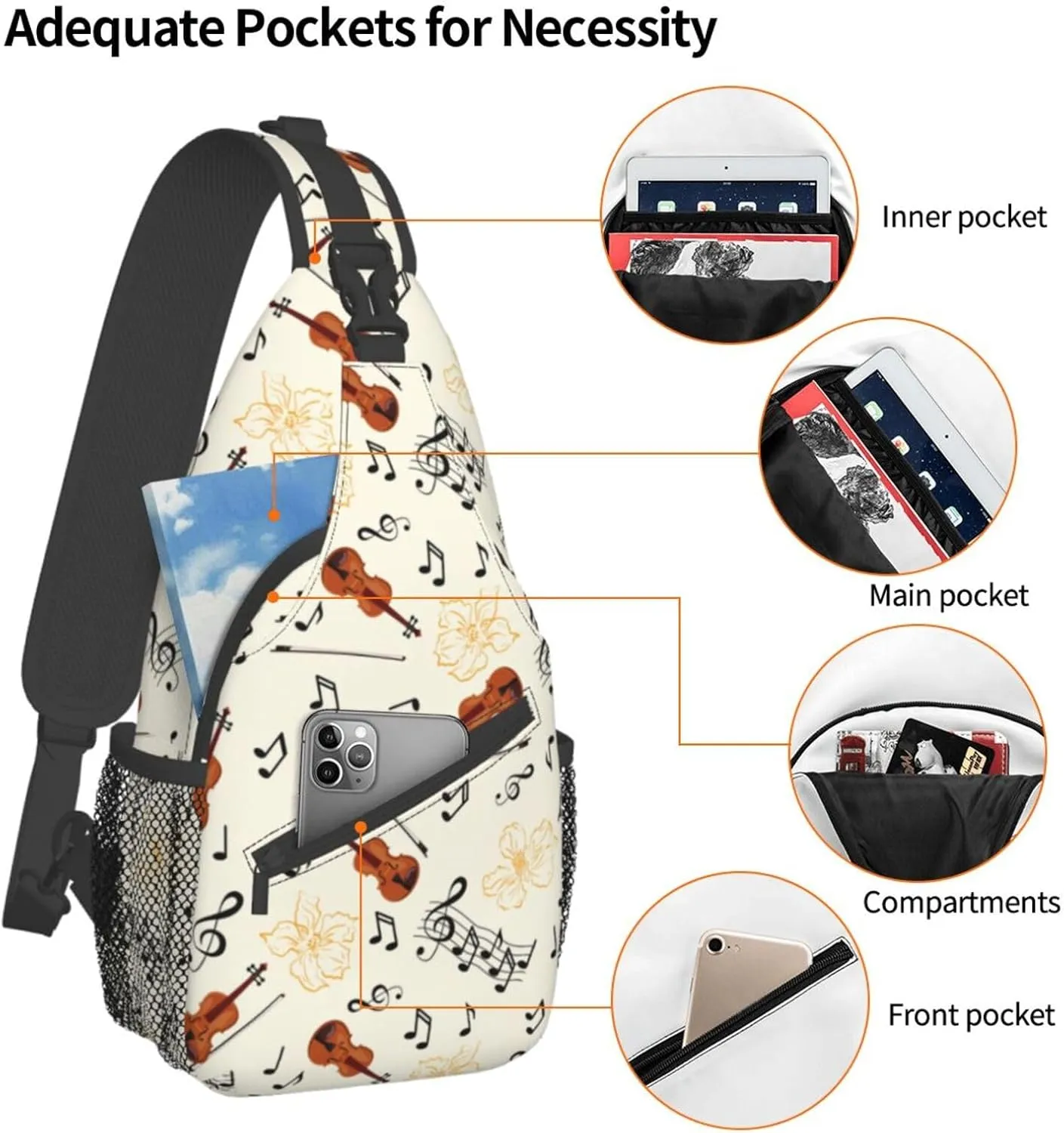 Music Note Piano Keys Sling Bag, Fashion Crossbody Backpack Shoulder Bag Chest Bag for Men Women Hiking Travel