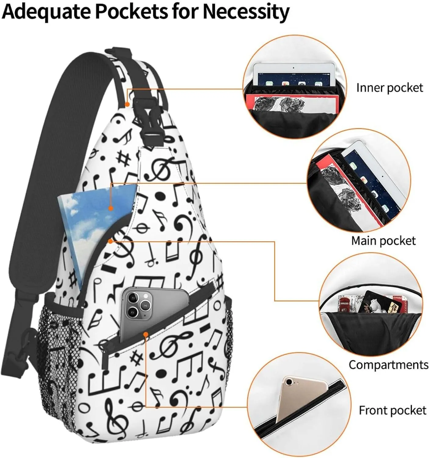 Music Note Piano Keys Sling Bag, Fashion Crossbody Backpack Shoulder Bag Chest Bag for Men Women Hiking Travel