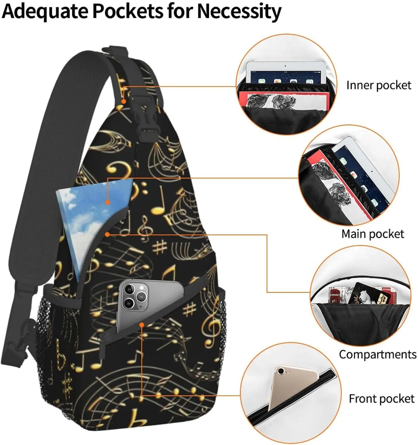 Music Note Piano Keys Sling Bag, Fashion Crossbody Backpack Shoulder Bag Chest Bag for Men Women Hiking Travel