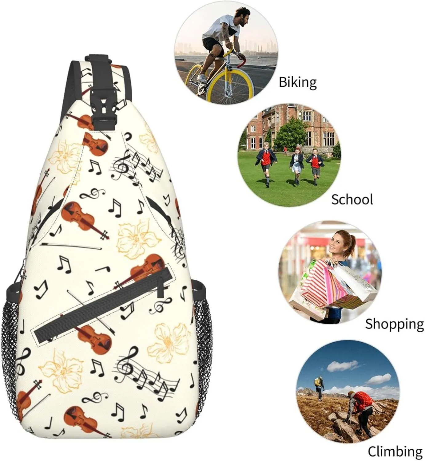 Music Note Piano Keys Sling Bag, Fashion Crossbody Backpack Shoulder Bag Chest Bag for Men Women Hiking Travel