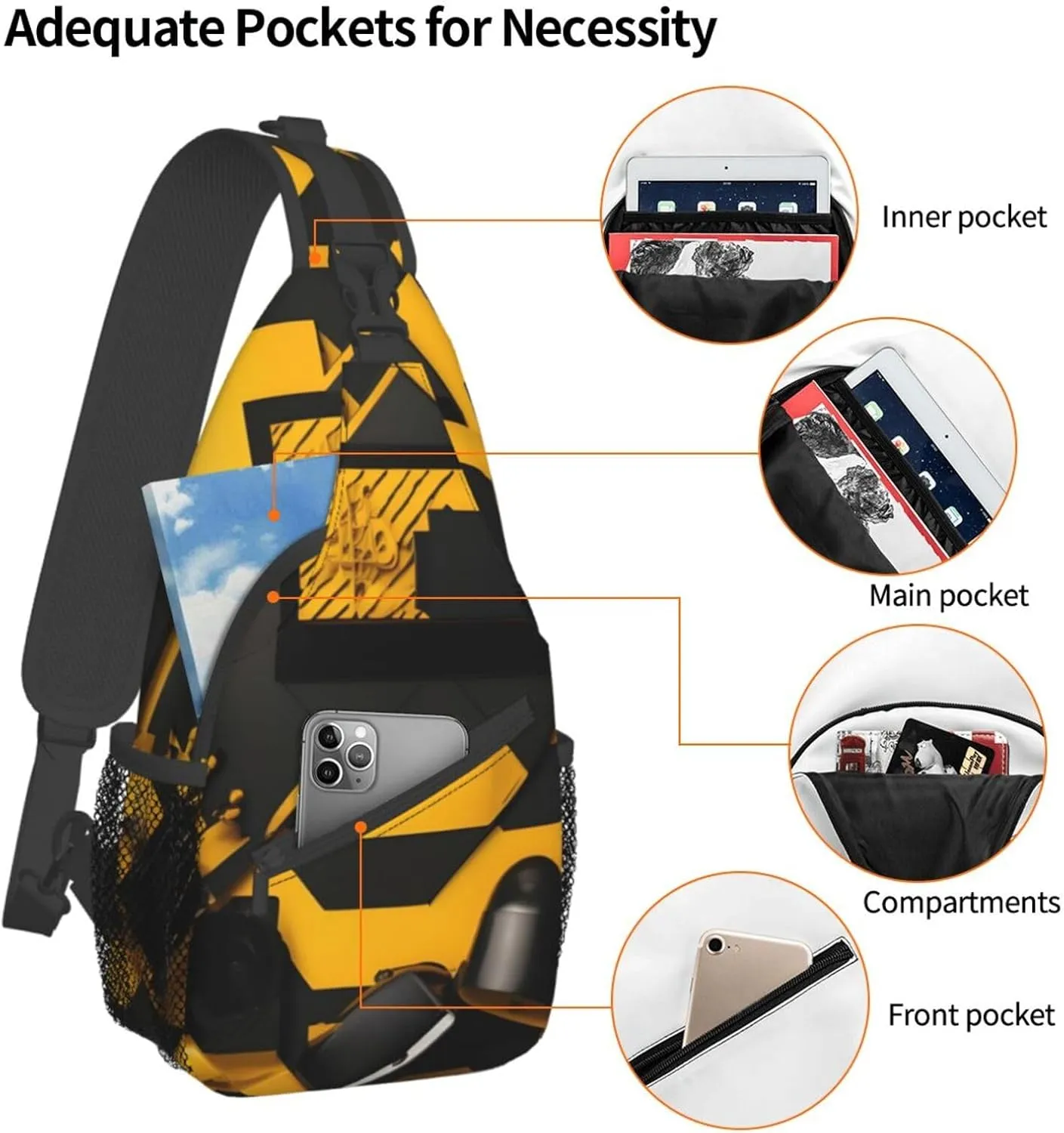 Mustard Yellow And Black High Storage Capacity Chest Bag Diagonally Sling Backpack Crossbody Shoulder Bag For Men Women