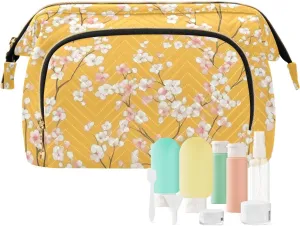 Mustard Yellow Floral Wide-open & Large Capacity Cosmetic Bags with Travel Bottle, Efficient Storage Toiletry Bag Easy to Travel and Carry