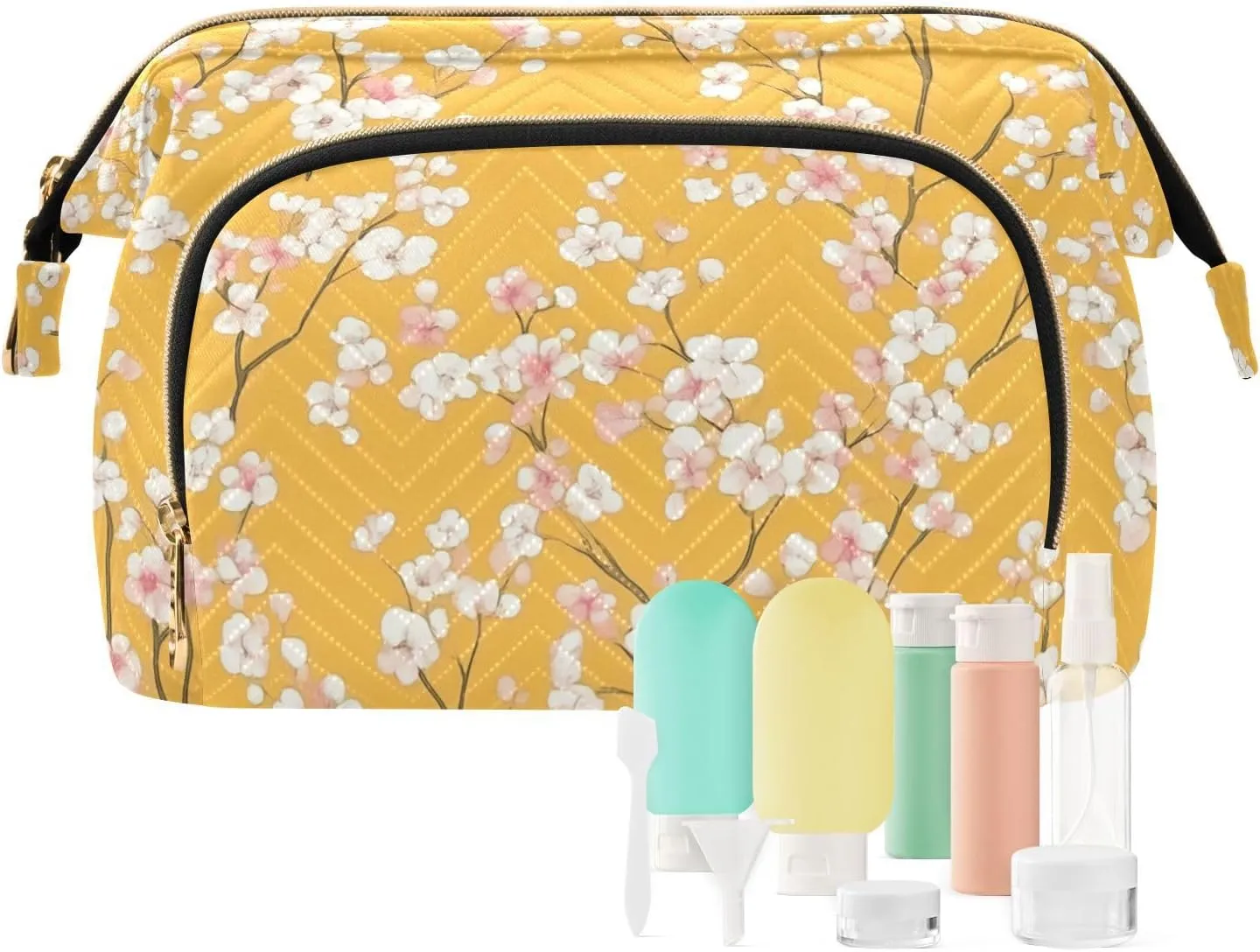 Mustard Yellow Floral Wide-open & Large Capacity Cosmetic Bags with Travel Bottle, Efficient Storage Toiletry Bag Easy to Travel and Carry