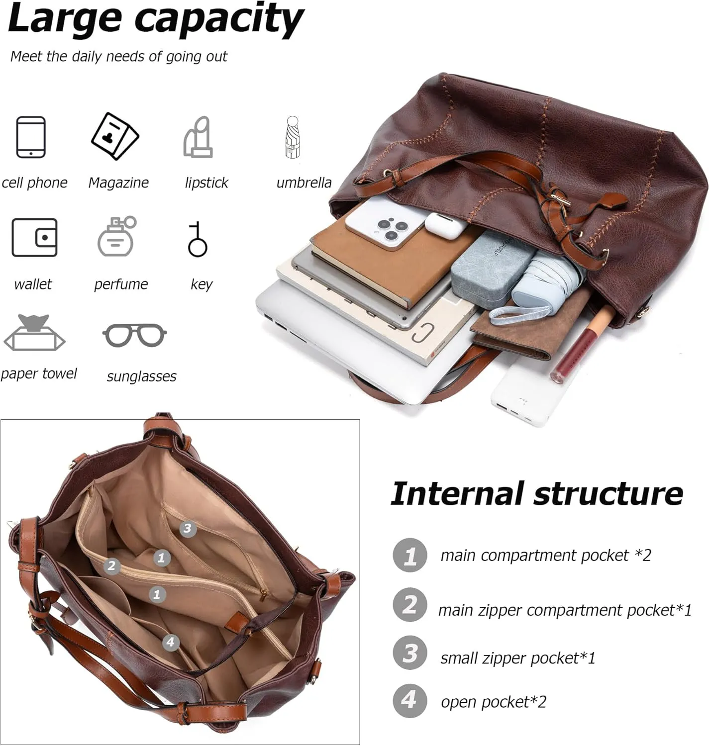 myfriday Casual Leather Tote Hobo Bag for Women, Soft Shoulder Bag Crossbody Satchel Purse and Handbag