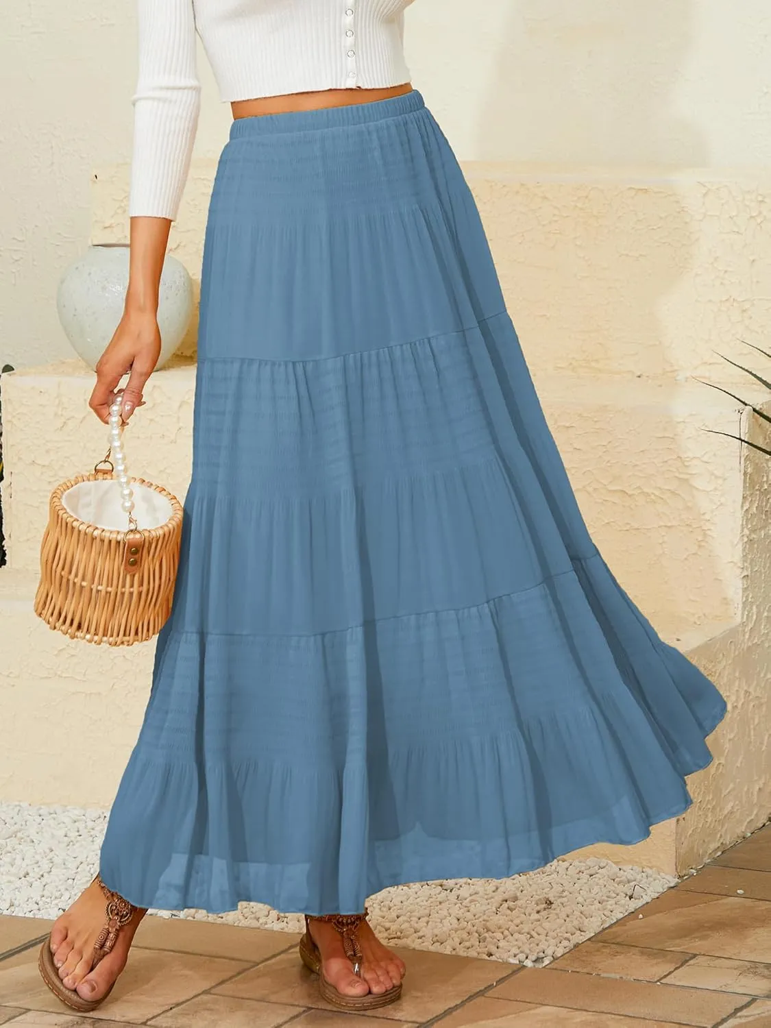 NASHALYLY Women's Chiffon Elastic High Waist Pleated A-Line Flared Maxi Skirts