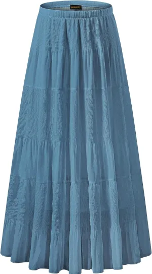 NASHALYLY Women's Chiffon Elastic High Waist Pleated A-Line Flared Maxi Skirts
