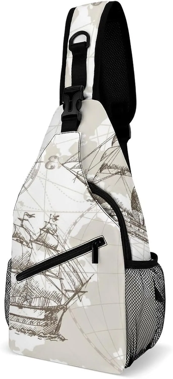 Nautical Sea Map Compass Sailing Ship Sling Bags Men And Women Shoulder Backpack Chest Bag Cross Body Chest Sling Backpack.