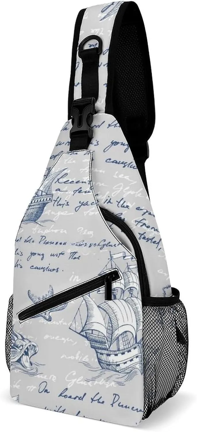 Nautical Sea Map Compass Sailing Ship Sling Bags Men And Women Shoulder Backpack Chest Bag Cross Body Chest Sling Backpack.
