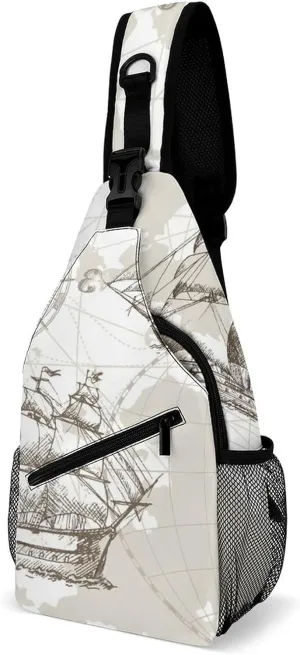 Nautical Sea Map Compass Sailing Ship Sling Bags Men And Women Shoulder Backpack Chest Bag Cross Body Chest Sling Backpack.