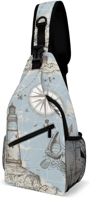 Nautical Sea Map Compass Sailing Ship Sling Bags Men And Women Shoulder Backpack Chest Bag Cross Body Chest Sling Backpack.