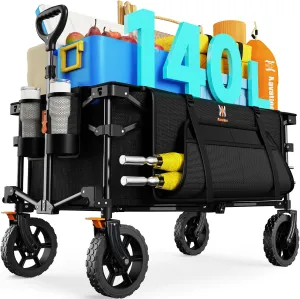 Navatiee 140L Collapsible Foldable Wagon with Wheels, Large Capacity Foldding Wagon Cart with Side Pocket and Brakes, Grocery Shopping Cart for Garden Outdoor Use, Black