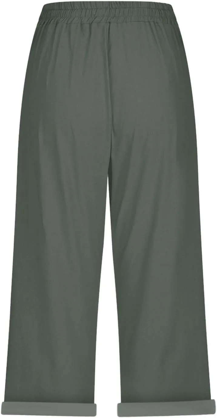 NBXNZWF Women's Linen Capri Pants Casual Elastic Drawstring Waist Lounge Pants Relaxed Fit Cropped Trousers with Pockets