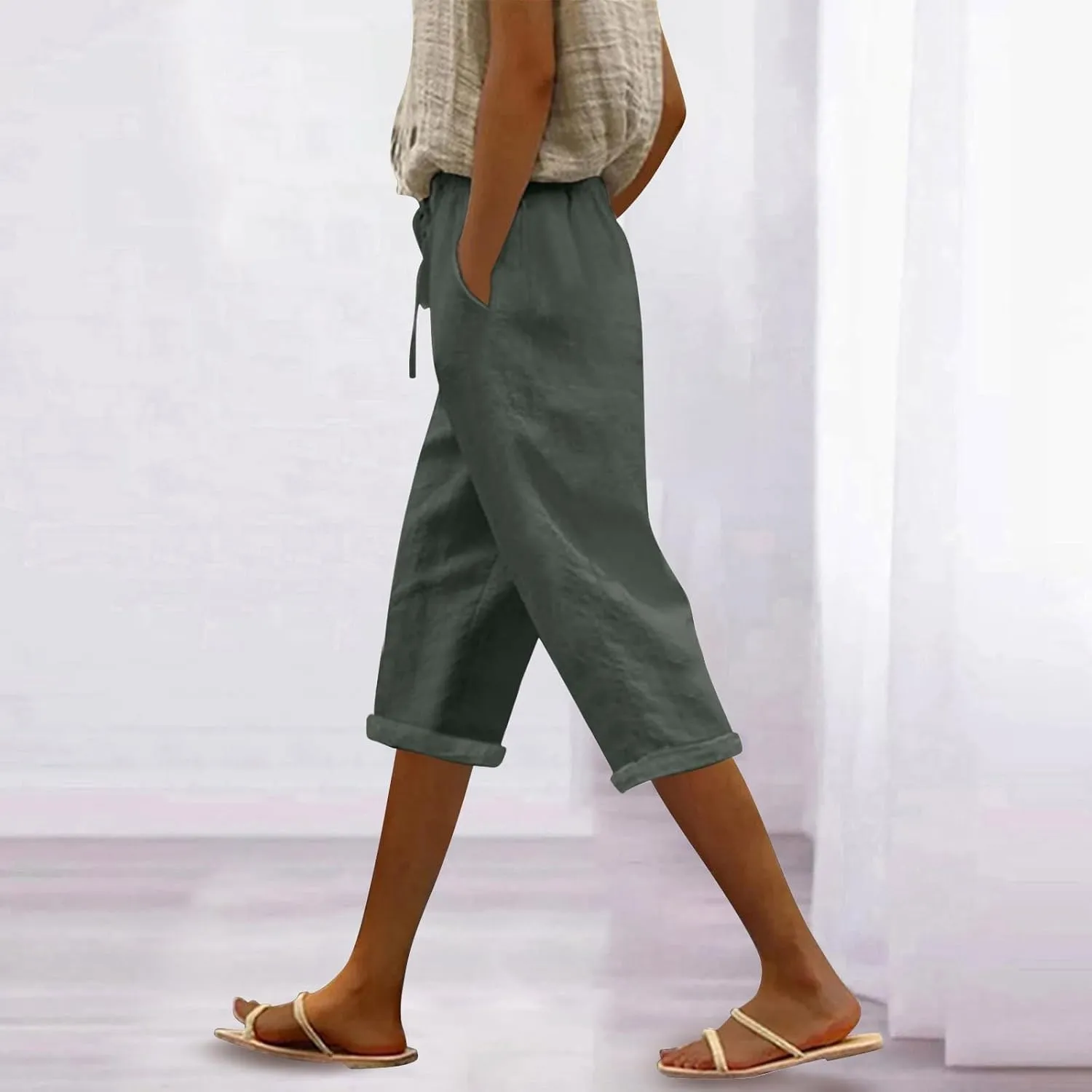 NBXNZWF Women's Linen Capri Pants Casual Elastic Drawstring Waist Lounge Pants Relaxed Fit Cropped Trousers with Pockets