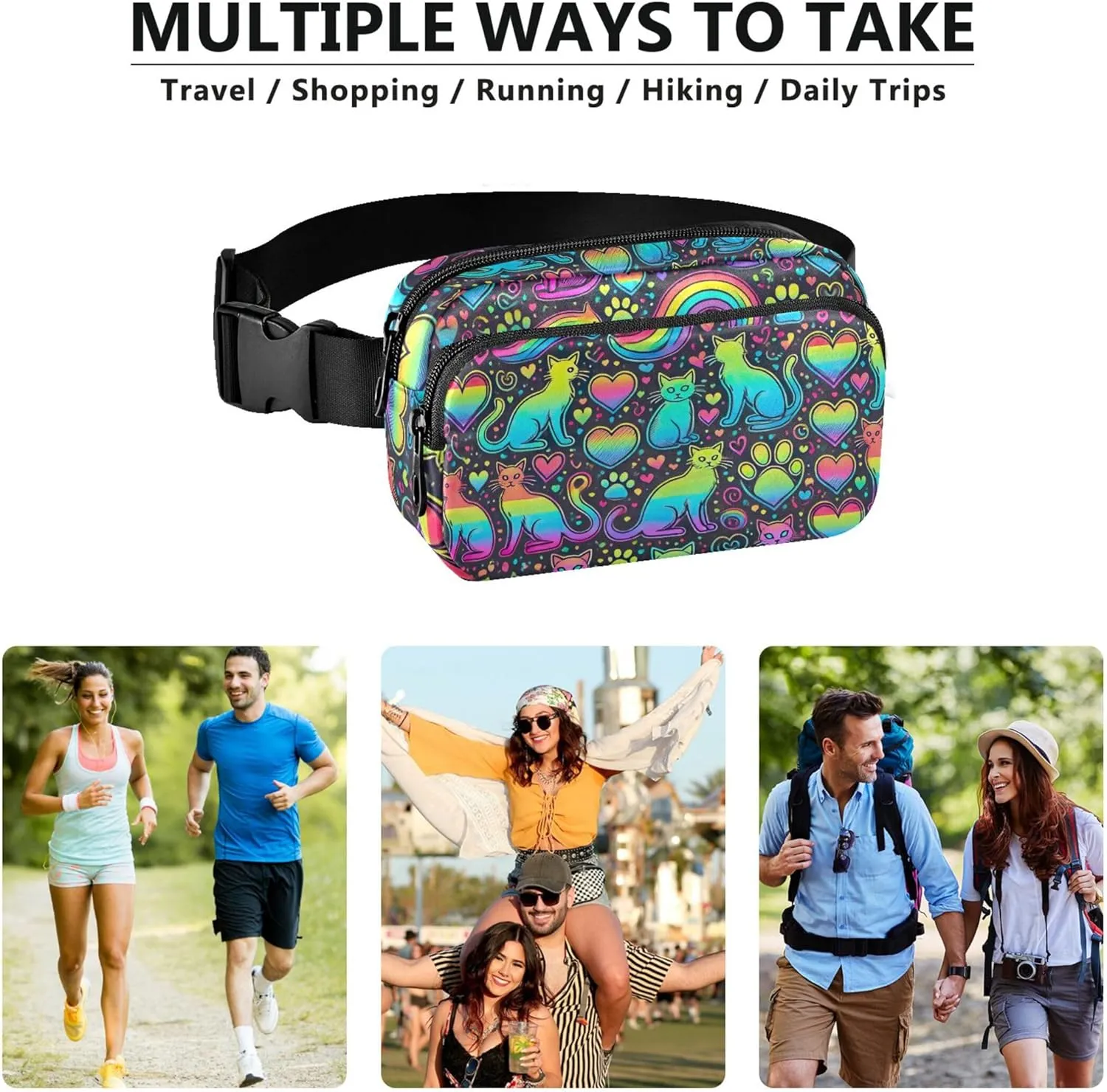 Neon Cat Rainbow Womens Fanny Pack Flower Belt Bags Hip Pack Waterproof Crossbody Waist Pack