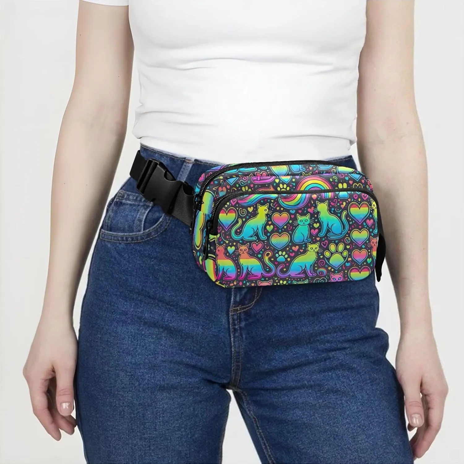 Neon Cat Rainbow Womens Fanny Pack Flower Belt Bags Hip Pack Waterproof Crossbody Waist Pack