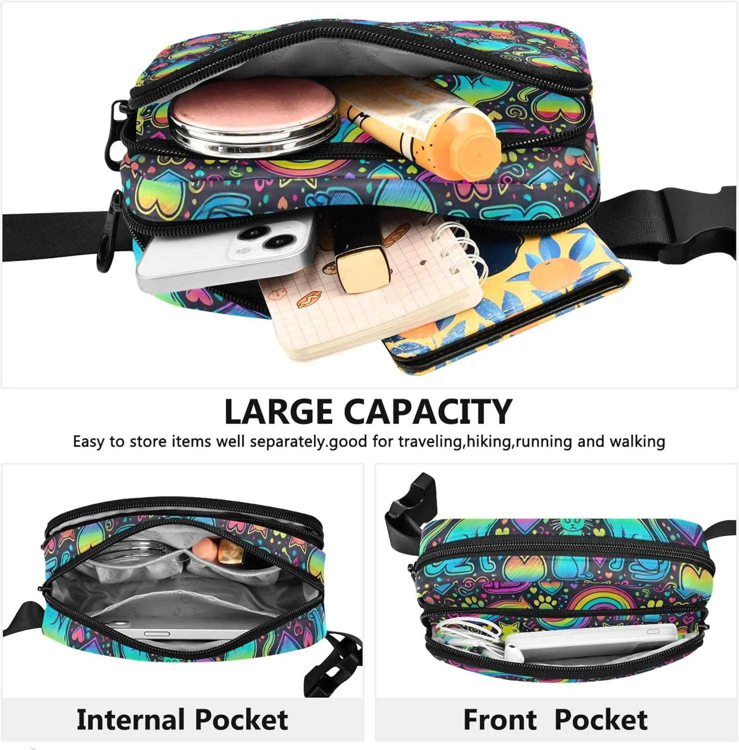 Neon Cat Rainbow Womens Fanny Pack Flower Belt Bags Hip Pack Waterproof Crossbody Waist Pack