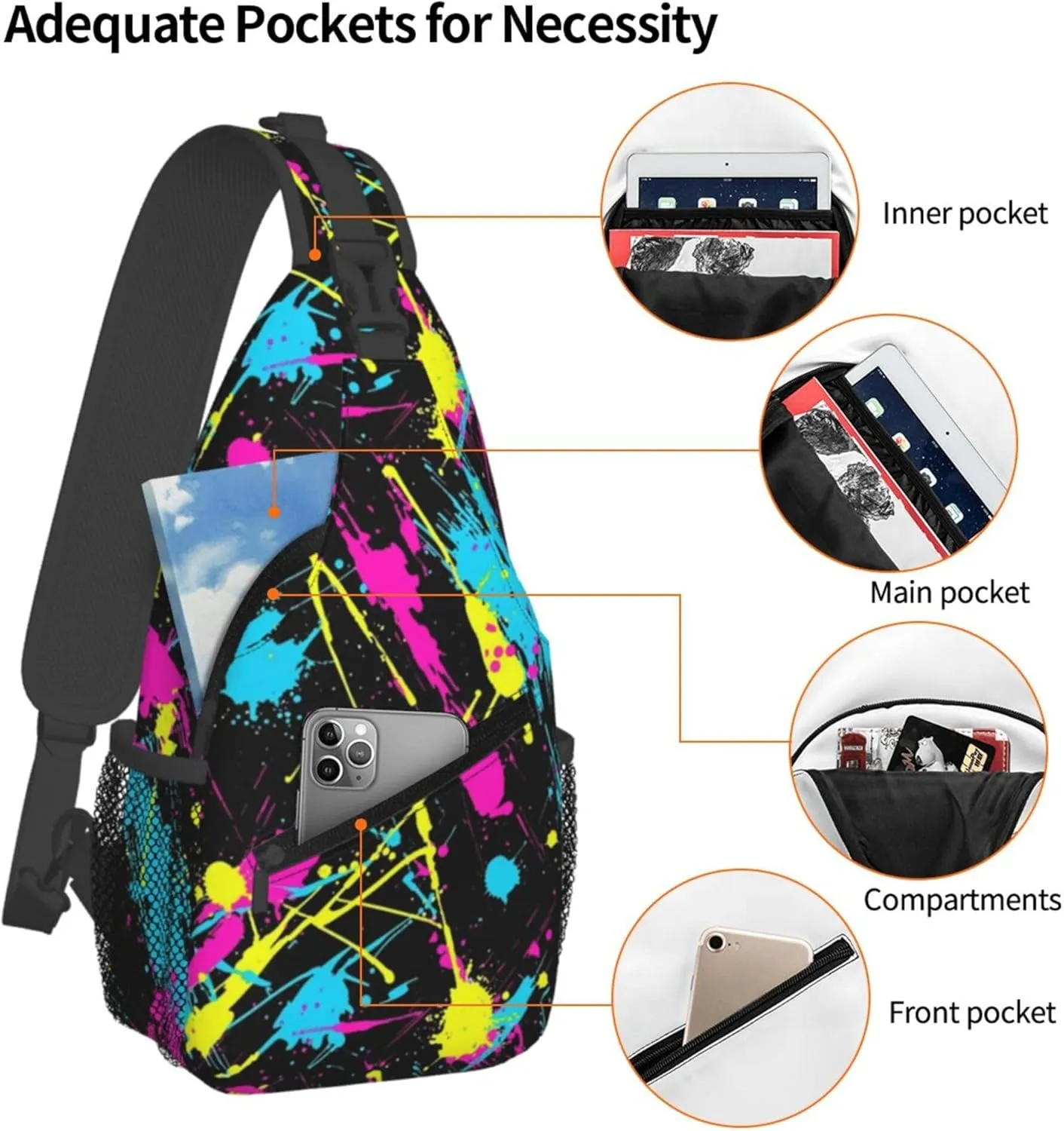 Neon Splatter ink Crossbody bags for women Men Sling Bag Travel Chest Backpack Leisure Sports Outdoor Running Hiking