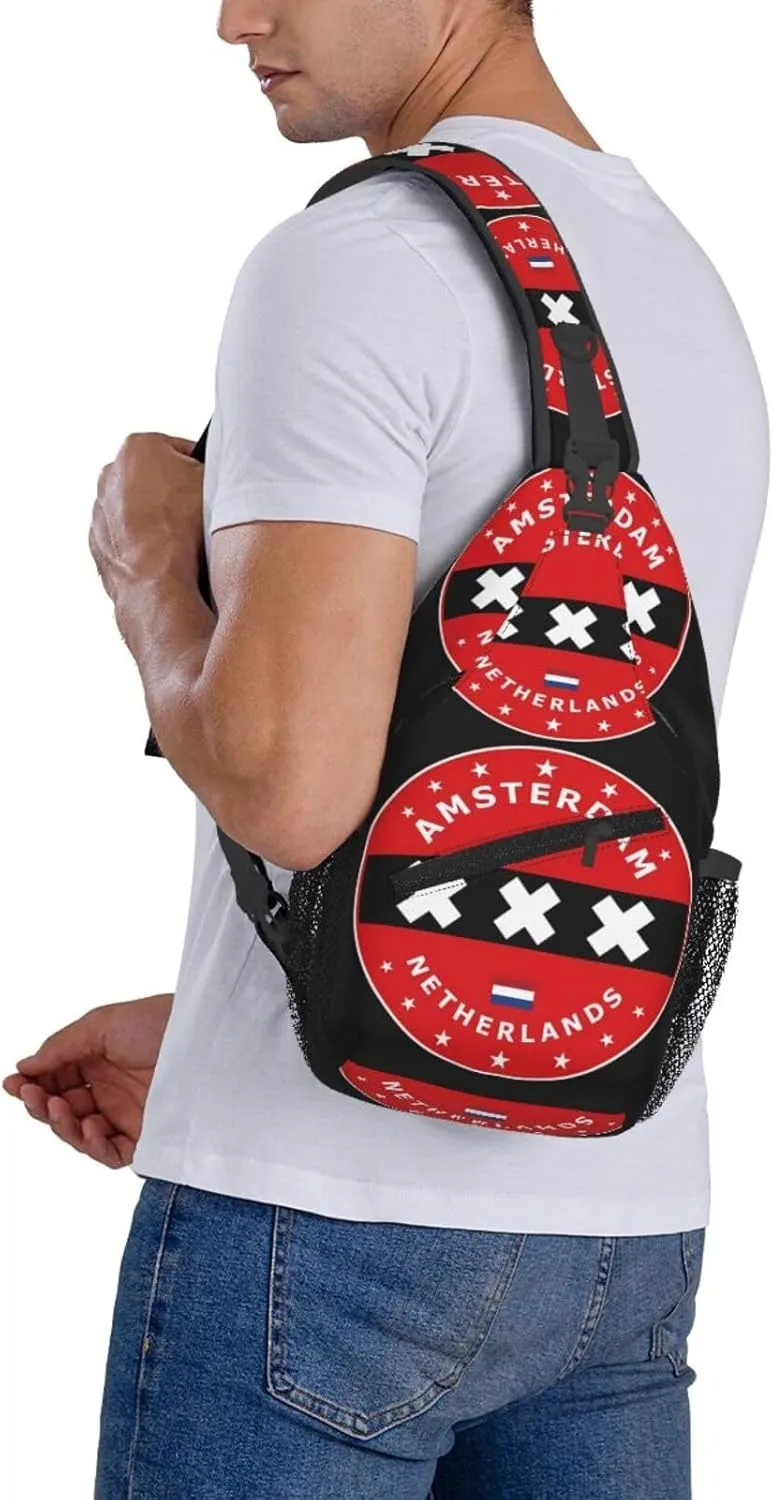 Netherlands Amsterdam Flag Circle Crossbody Bag Cross Chest Bag Adjustable Sling Backpack Sports Gym Shoulder Bags Travel Cycling Daypack Diagonally Casual Rucksack
