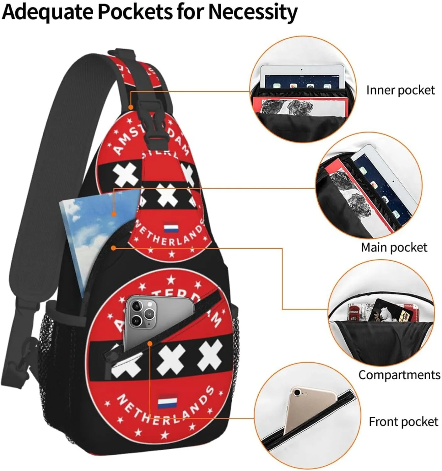 Netherlands Amsterdam Flag Circle Crossbody Bag Cross Chest Bag Adjustable Sling Backpack Sports Gym Shoulder Bags Travel Cycling Daypack Diagonally Casual Rucksack