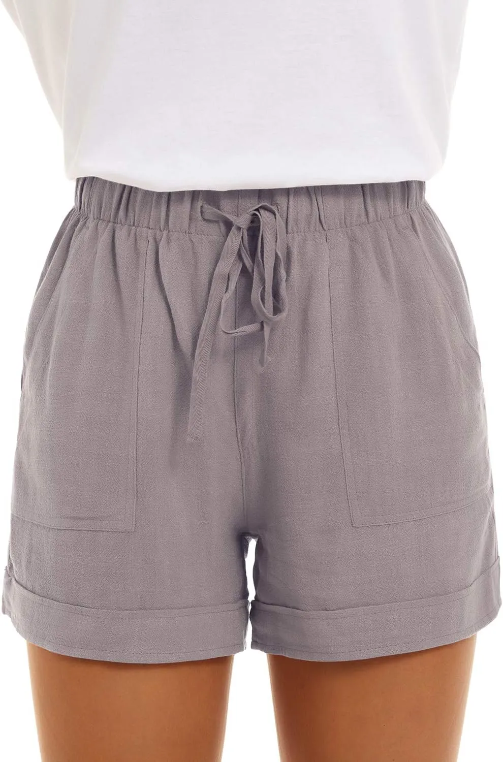 NEYOUQE Womens Cotton Linen Casual Summer Elastic Waist Comfy Shorts with Pocket