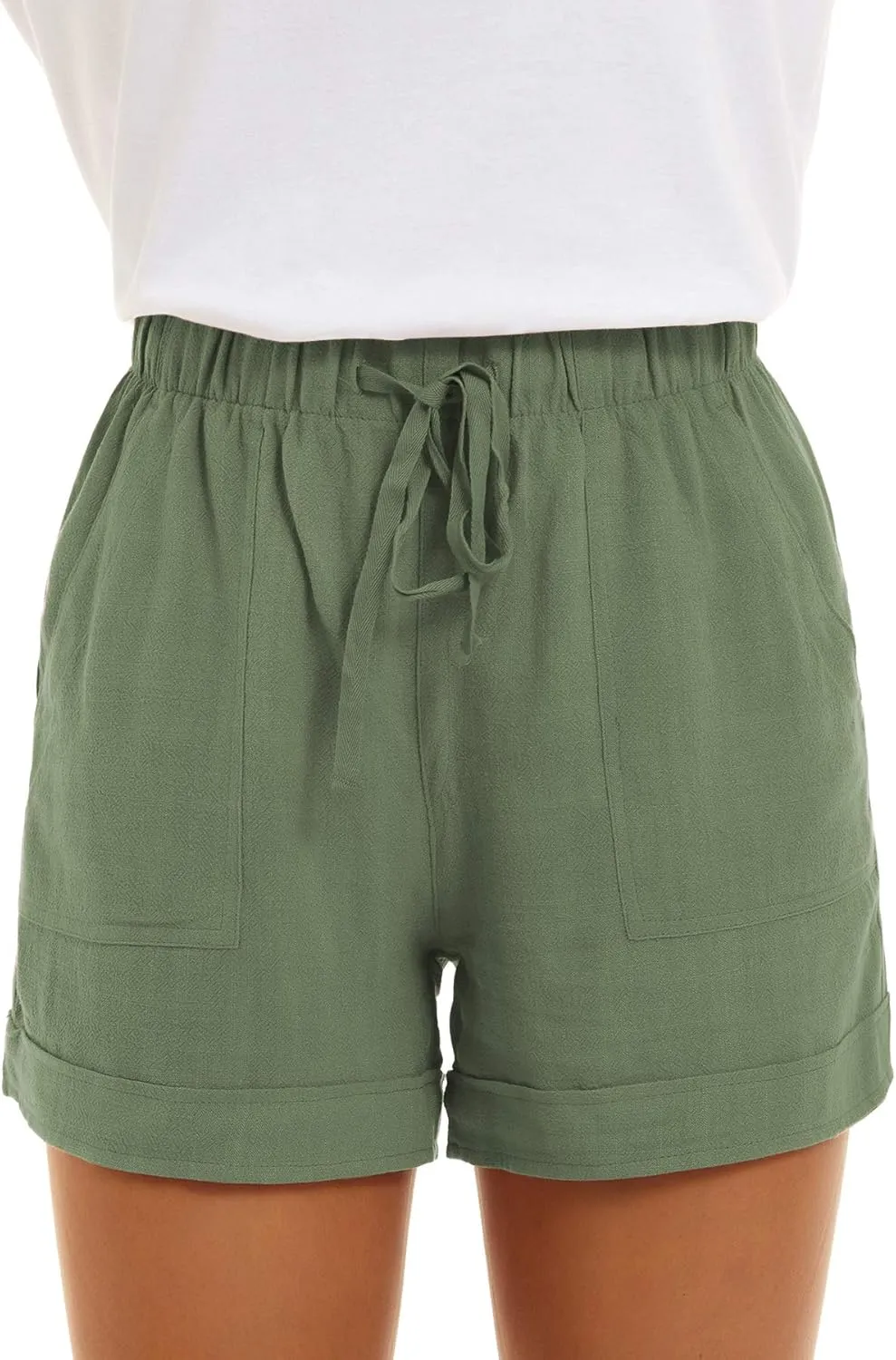 NEYOUQE Womens Cotton Linen Casual Summer Elastic Waist Comfy Shorts with Pocket