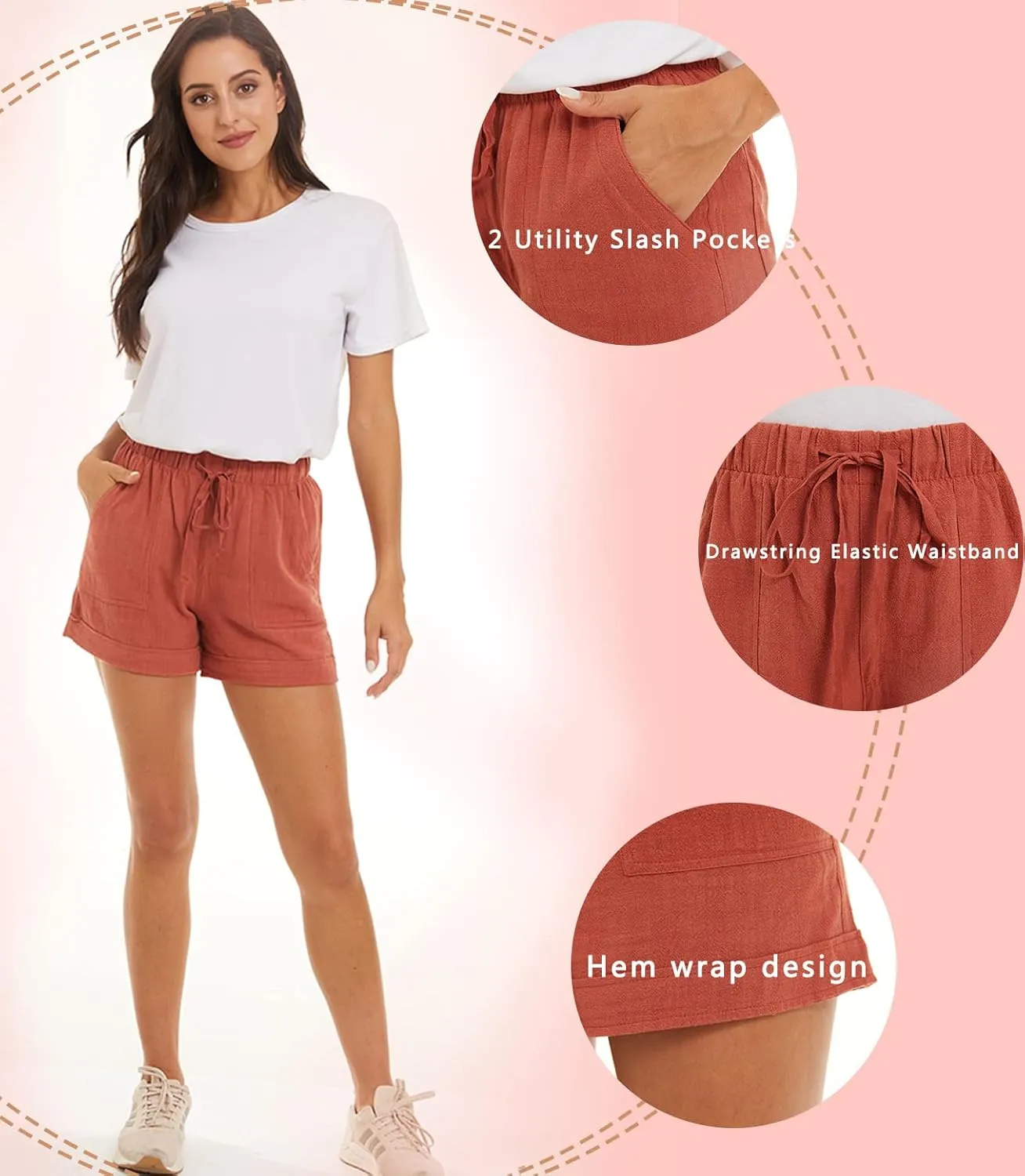 NEYOUQE Womens Cotton Linen Casual Summer Elastic Waist Comfy Shorts with Pocket