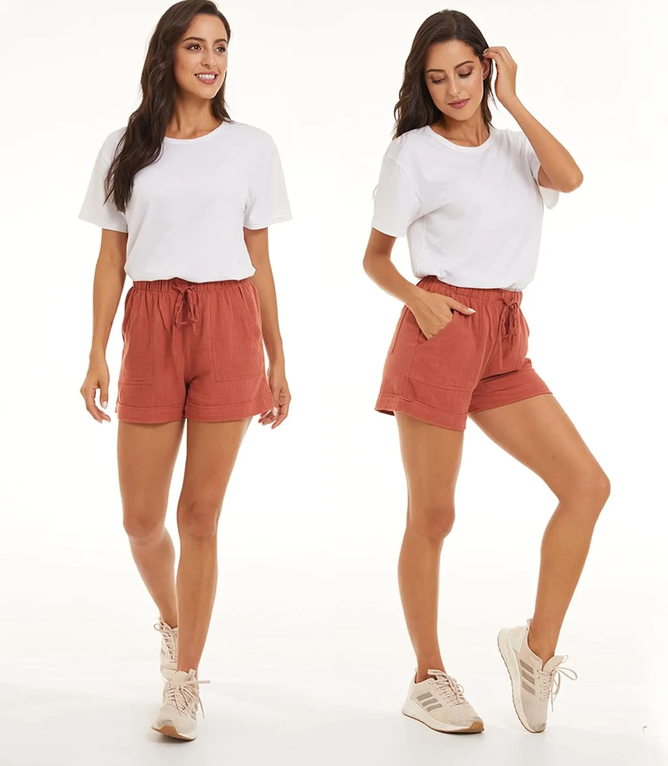 NEYOUQE Womens Cotton Linen Casual Summer Elastic Waist Comfy Shorts with Pocket
