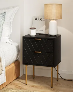 Nightstand,Small Bedside Table with Gold Frame,White Night Stand,Bedside Furniture,Side Table with Drawer and Shelf for Bedroom,Living Room (Modern-Diamond, Black-2Drawers-Outlet)