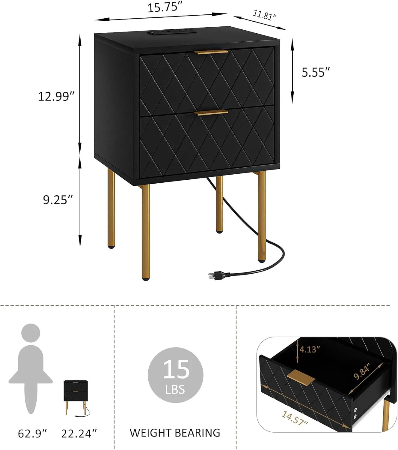Nightstand,Small Bedside Table with Gold Frame,White Night Stand,Bedside Furniture,Side Table with Drawer and Shelf for Bedroom,Living Room (Modern-Diamond, Black-2Drawers-Outlet)