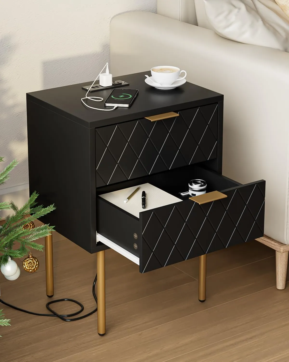 Nightstand,Small Bedside Table with Gold Frame,White Night Stand,Bedside Furniture,Side Table with Drawer and Shelf for Bedroom,Living Room (Modern-Diamond, Black-2Drawers-Outlet)