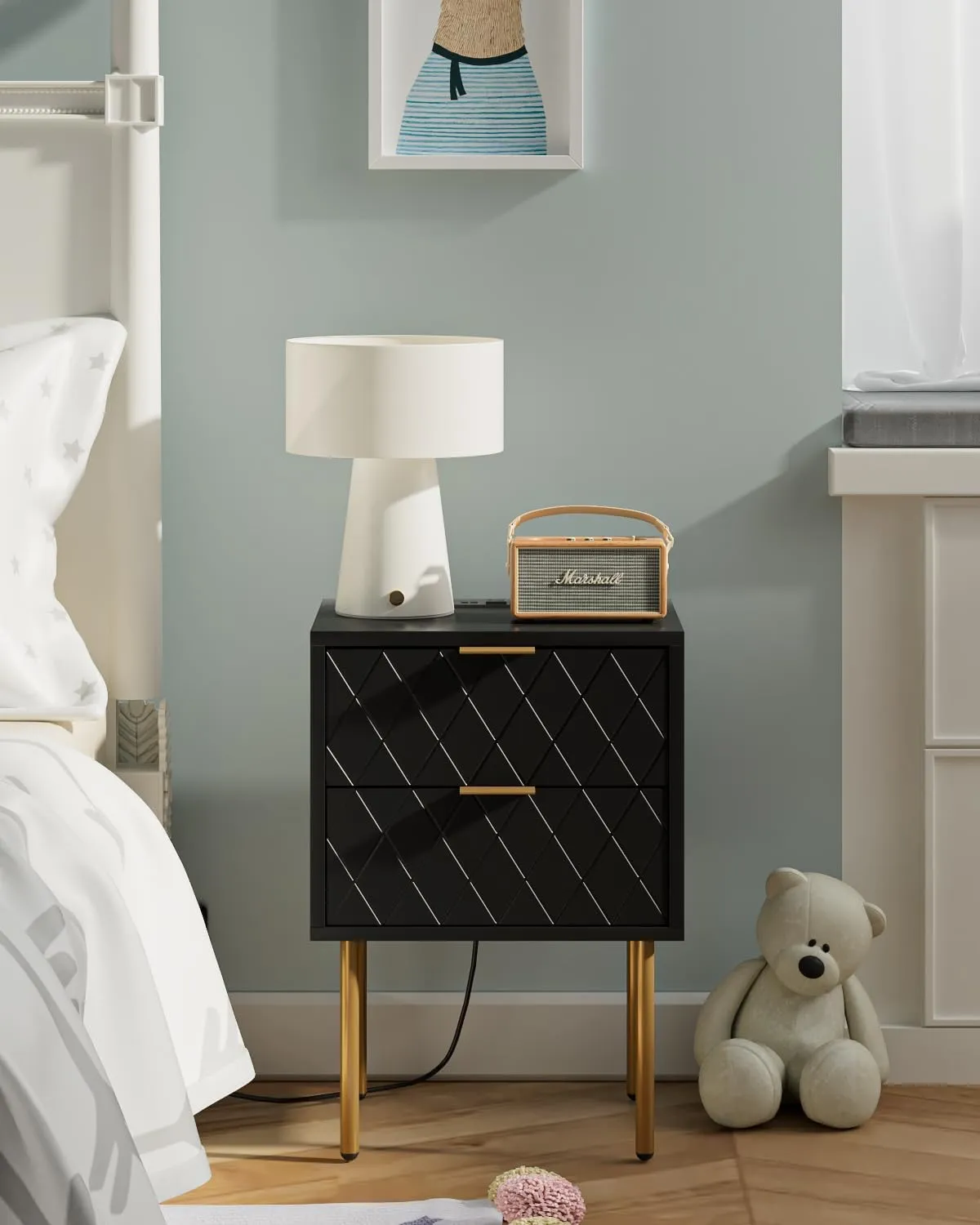 Nightstand,Small Bedside Table with Gold Frame,White Night Stand,Bedside Furniture,Side Table with Drawer and Shelf for Bedroom,Living Room (Modern-Diamond, Black-2Drawers-Outlet)