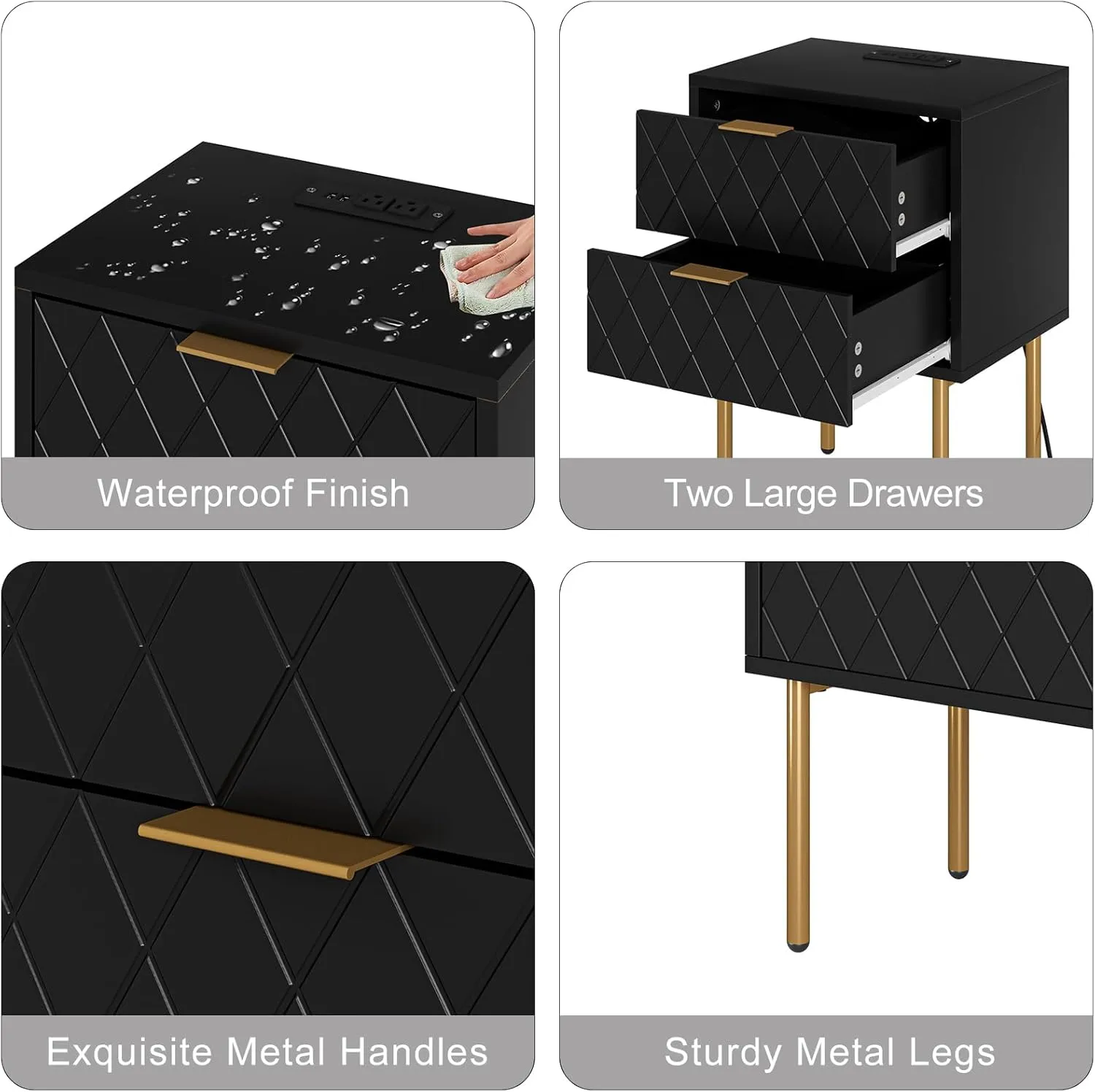 Nightstand,Small Bedside Table with Gold Frame,White Night Stand,Bedside Furniture,Side Table with Drawer and Shelf for Bedroom,Living Room (Modern-Diamond, Black-2Drawers-Outlet)