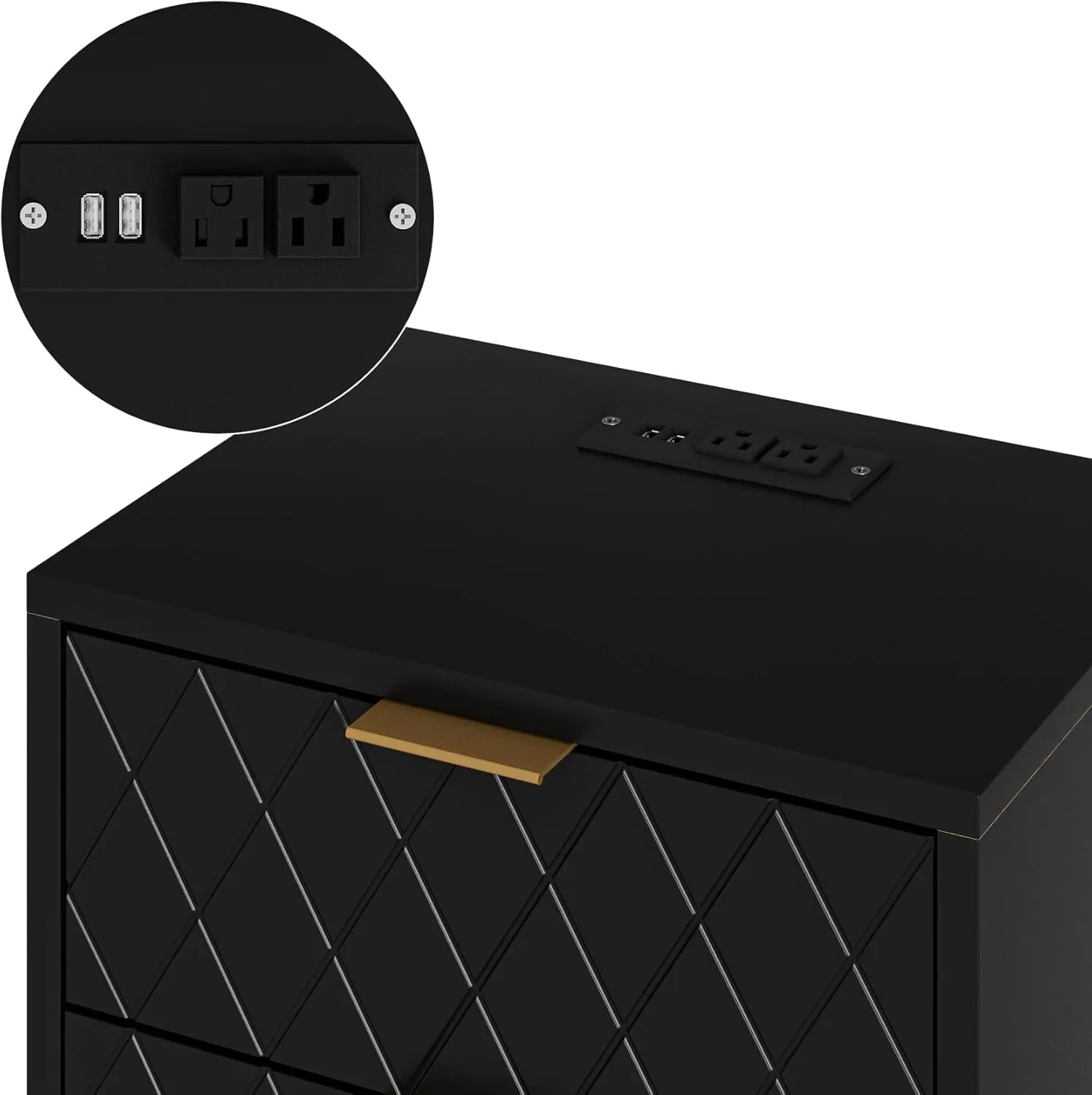 Nightstand,Small Bedside Table with Gold Frame,White Night Stand,Bedside Furniture,Side Table with Drawer and Shelf for Bedroom,Living Room (Modern-Diamond, Black-2Drawers-Outlet)