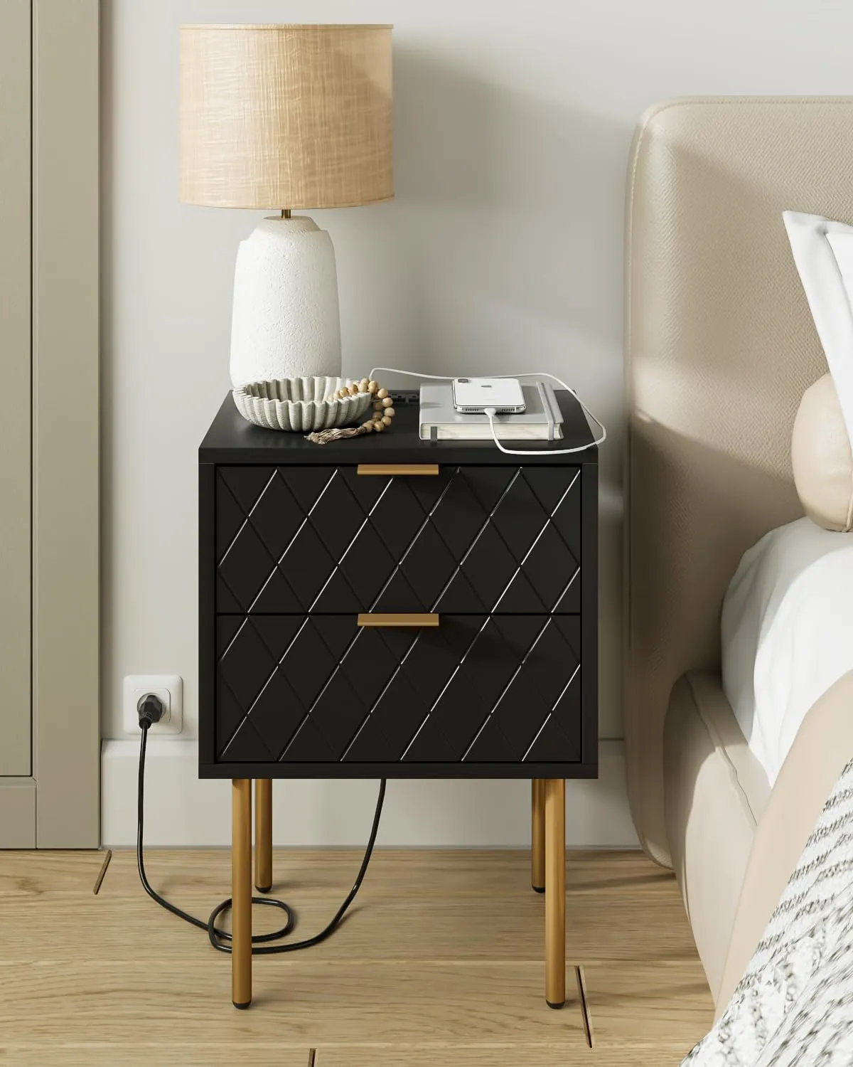 Nightstand,Small Bedside Table with Gold Frame,White Night Stand,Bedside Furniture,Side Table with Drawer and Shelf for Bedroom,Living Room (Modern-Diamond, Black-2Drawers-Outlet)