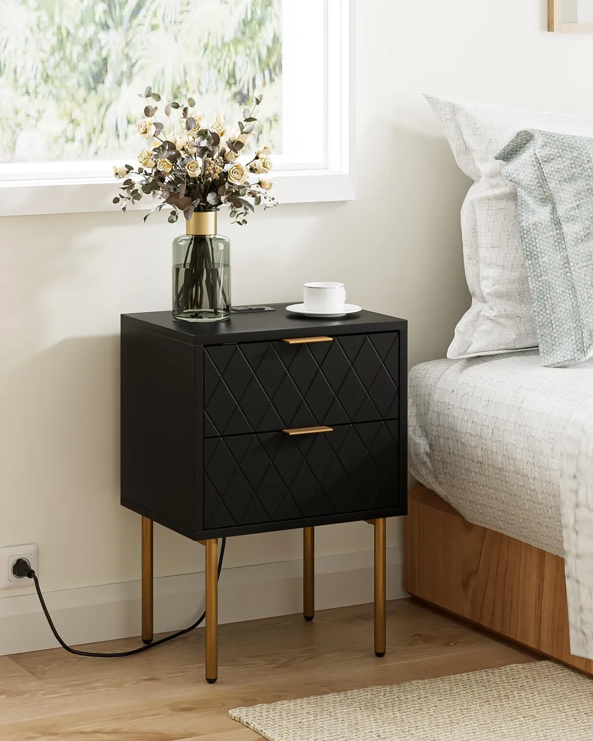 Nightstand,Small Bedside Table with Gold Frame,White Night Stand,Bedside Furniture,Side Table with Drawer and Shelf for Bedroom,Living Room (Modern-Diamond, Black-2Drawers-Outlet)