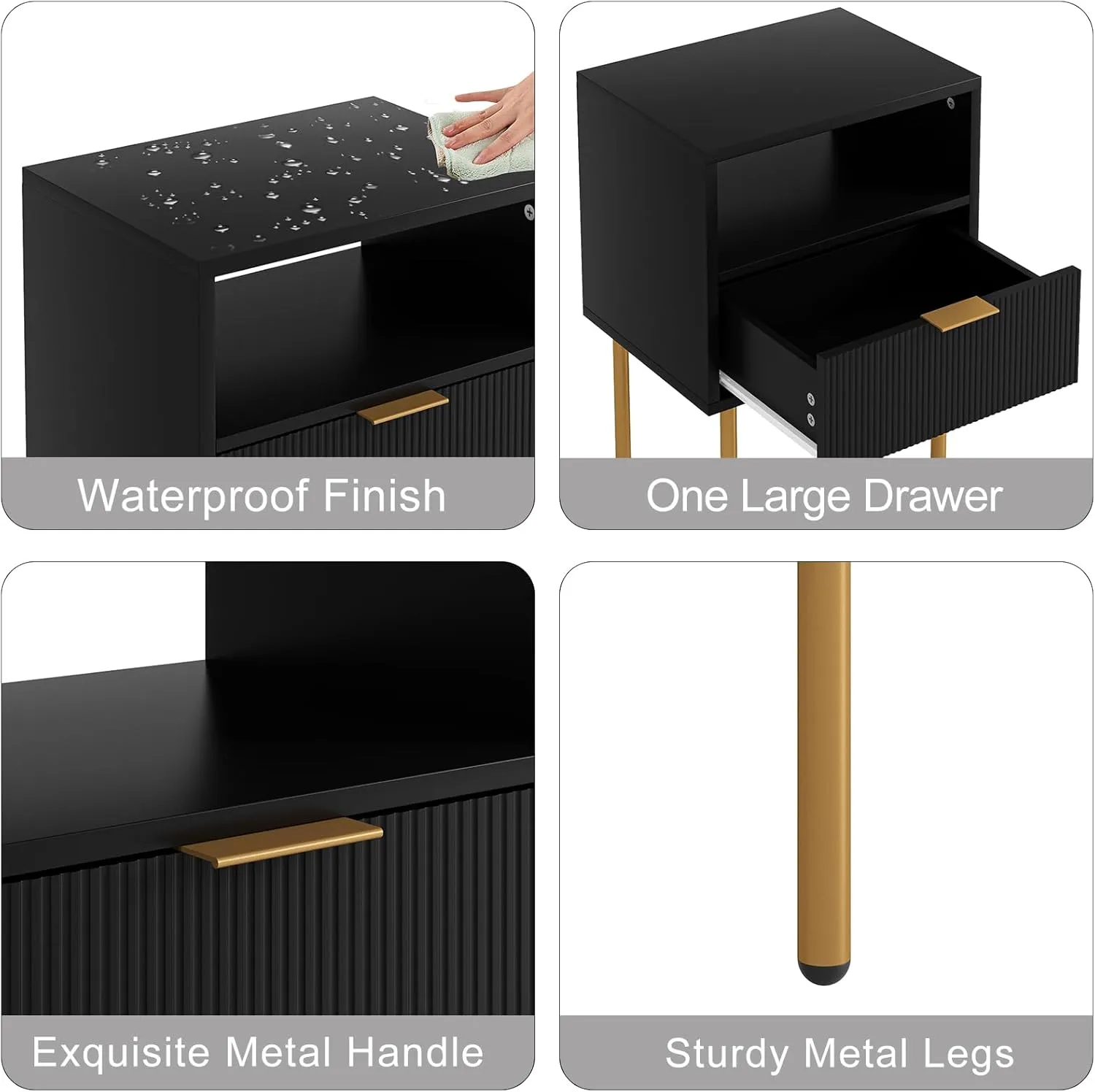 Nightstand,Small Bedside Table with Gold Frame,White Night Stand,Bedside Furniture,Side Table with Drawer and Shelf for Bedroom,Living Room (Modern-Stripe, Black-1Drawer)