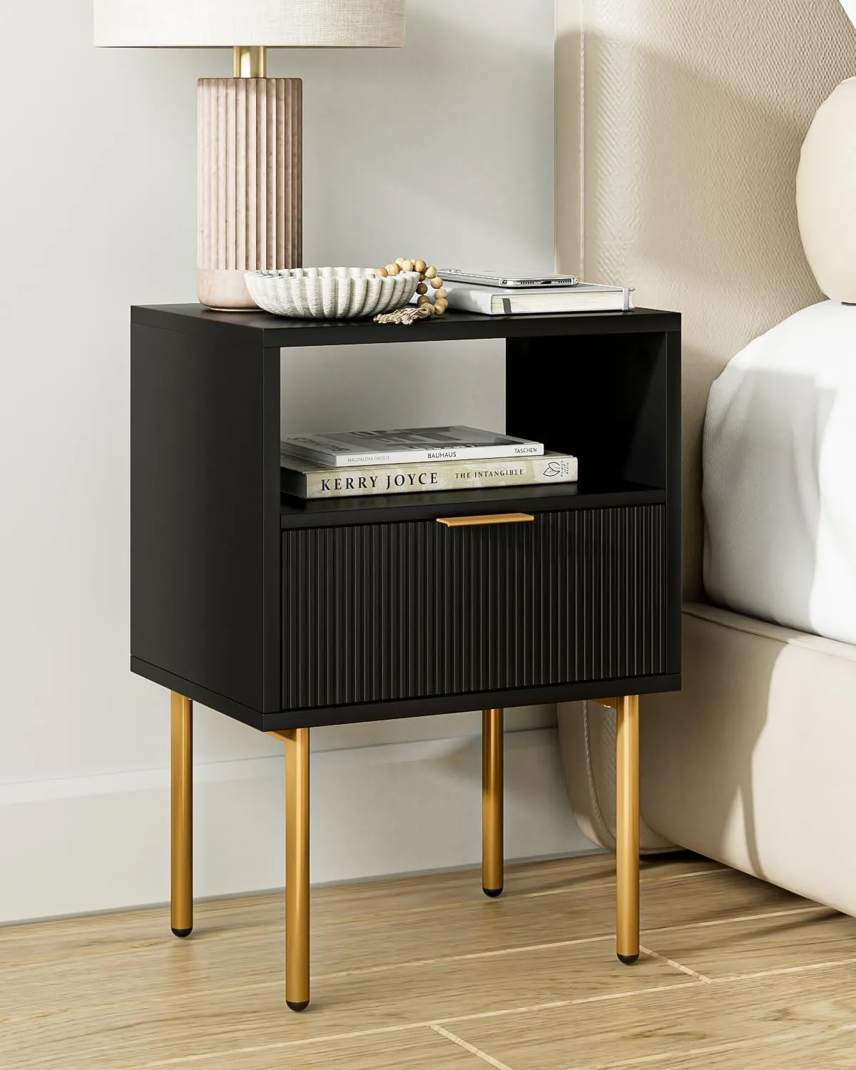 Nightstand,Small Bedside Table with Gold Frame,White Night Stand,Bedside Furniture,Side Table with Drawer and Shelf for Bedroom,Living Room (Modern-Stripe, Black-1Drawer)