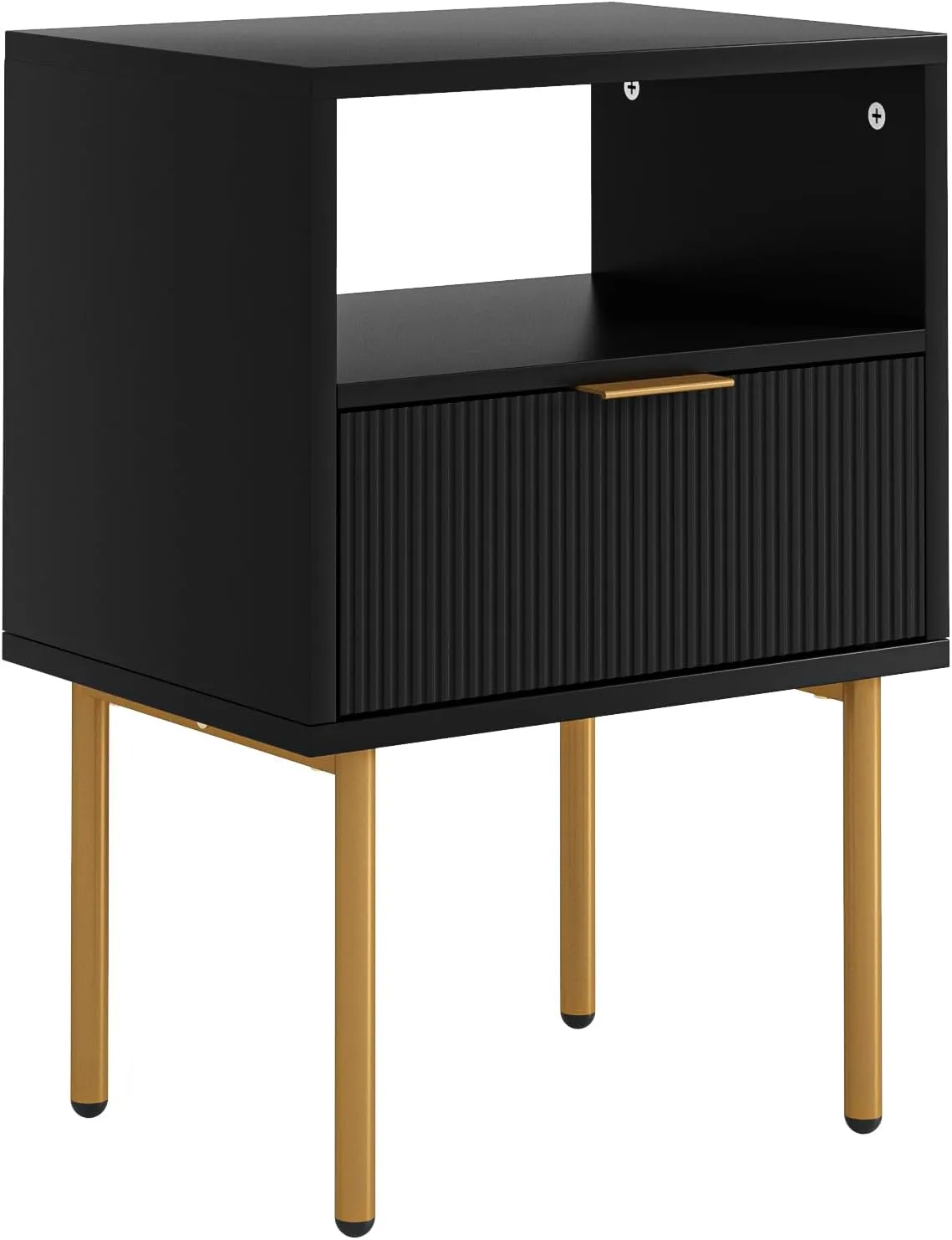 Nightstand,Small Bedside Table with Gold Frame,White Night Stand,Bedside Furniture,Side Table with Drawer and Shelf for Bedroom,Living Room (Modern-Stripe, Black-1Drawer)