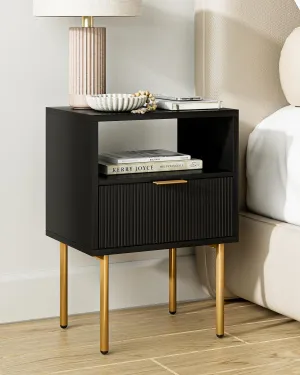 Nightstand,Small Bedside Table with Gold Frame,White Night Stand,Bedside Furniture,Side Table with Drawer and Shelf for Bedroom,Living Room (Modern-Stripe, Black-1Drawer)