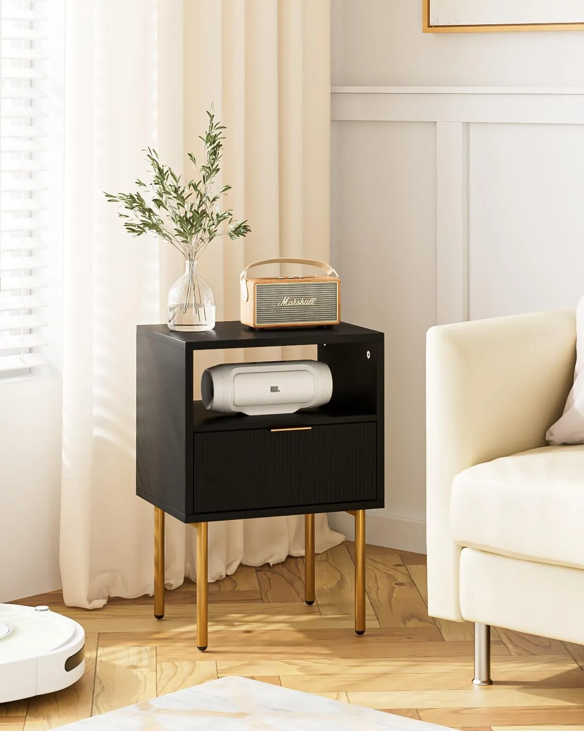 Nightstand,Small Bedside Table with Gold Frame,White Night Stand,Bedside Furniture,Side Table with Drawer and Shelf for Bedroom,Living Room (Modern-Stripe, Black-1Drawer)