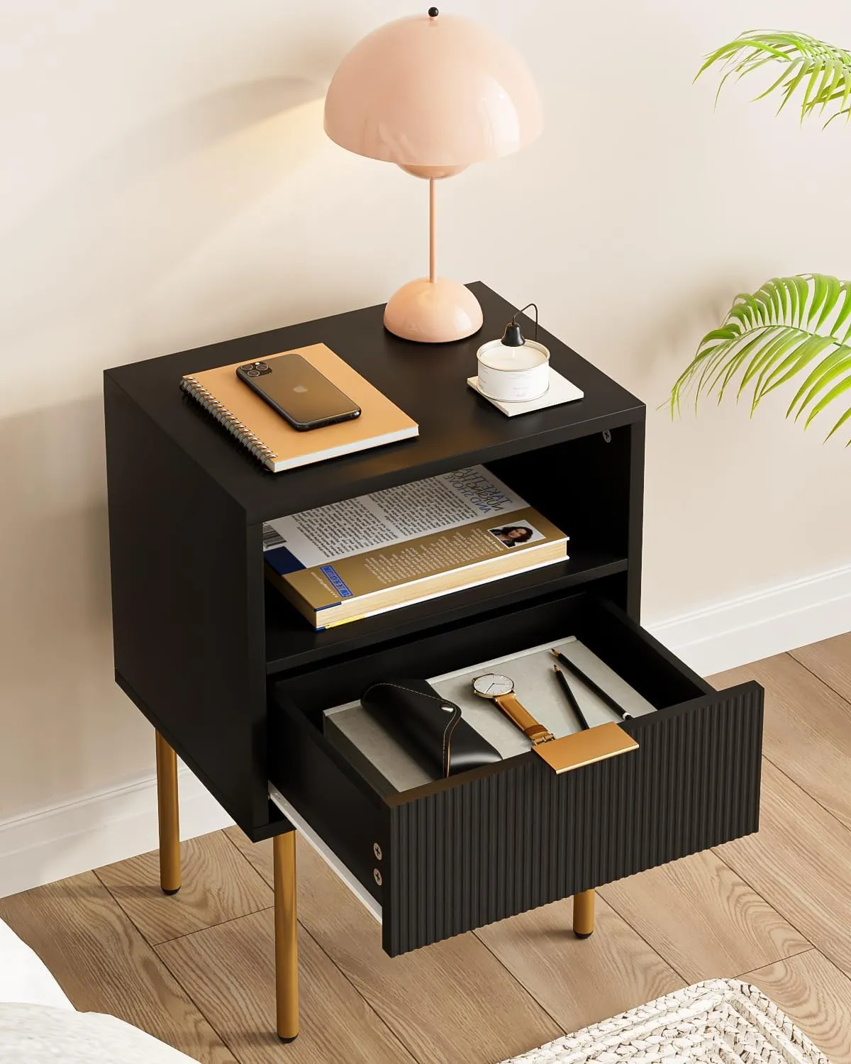 Nightstand,Small Bedside Table with Gold Frame,White Night Stand,Bedside Furniture,Side Table with Drawer and Shelf for Bedroom,Living Room (Modern-Stripe, Black-1Drawer)
