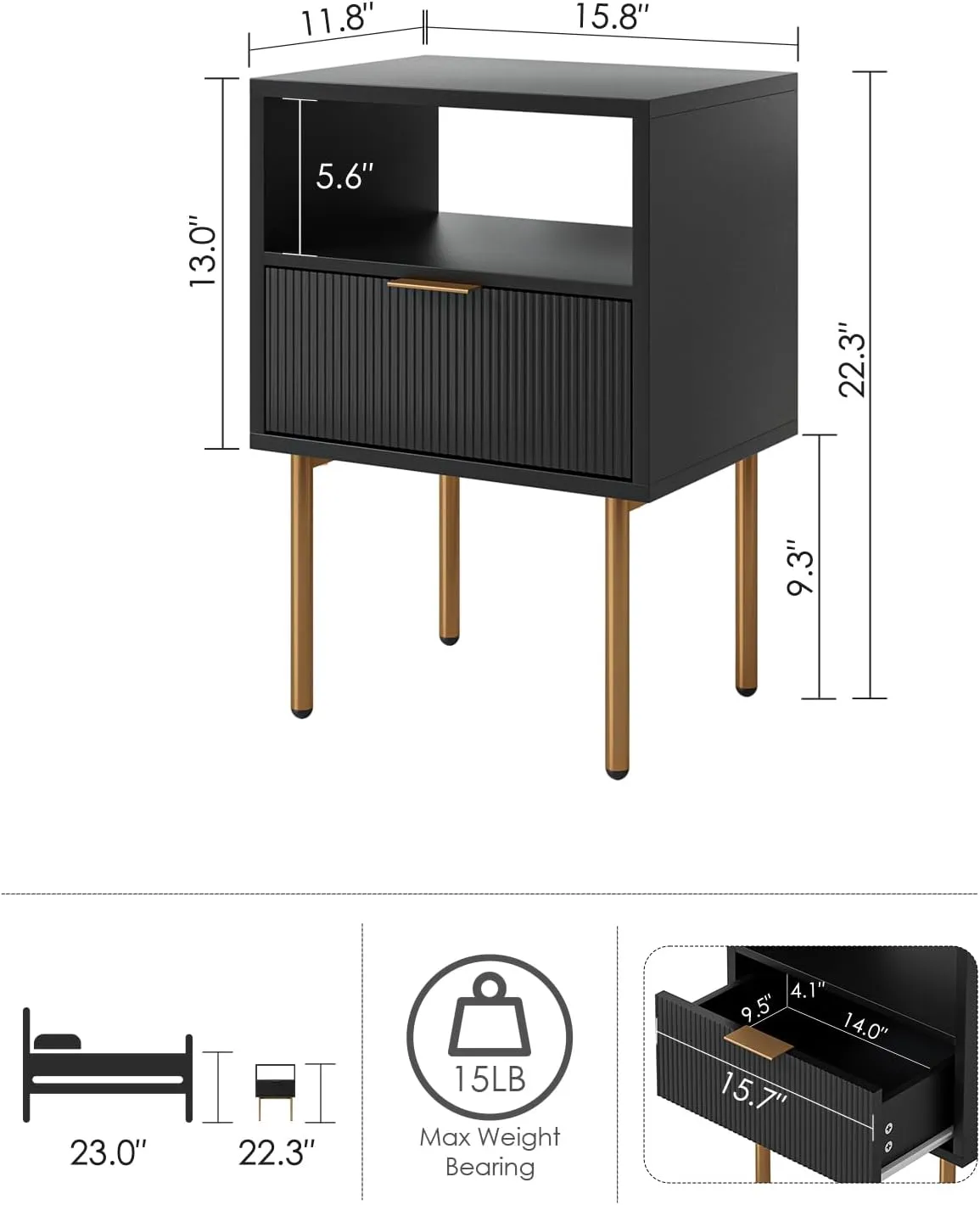 Nightstand,Small Bedside Table with Gold Frame,White Night Stand,Bedside Furniture,Side Table with Drawer and Shelf for Bedroom,Living Room (Modern-Stripe, Black-1Drawer)